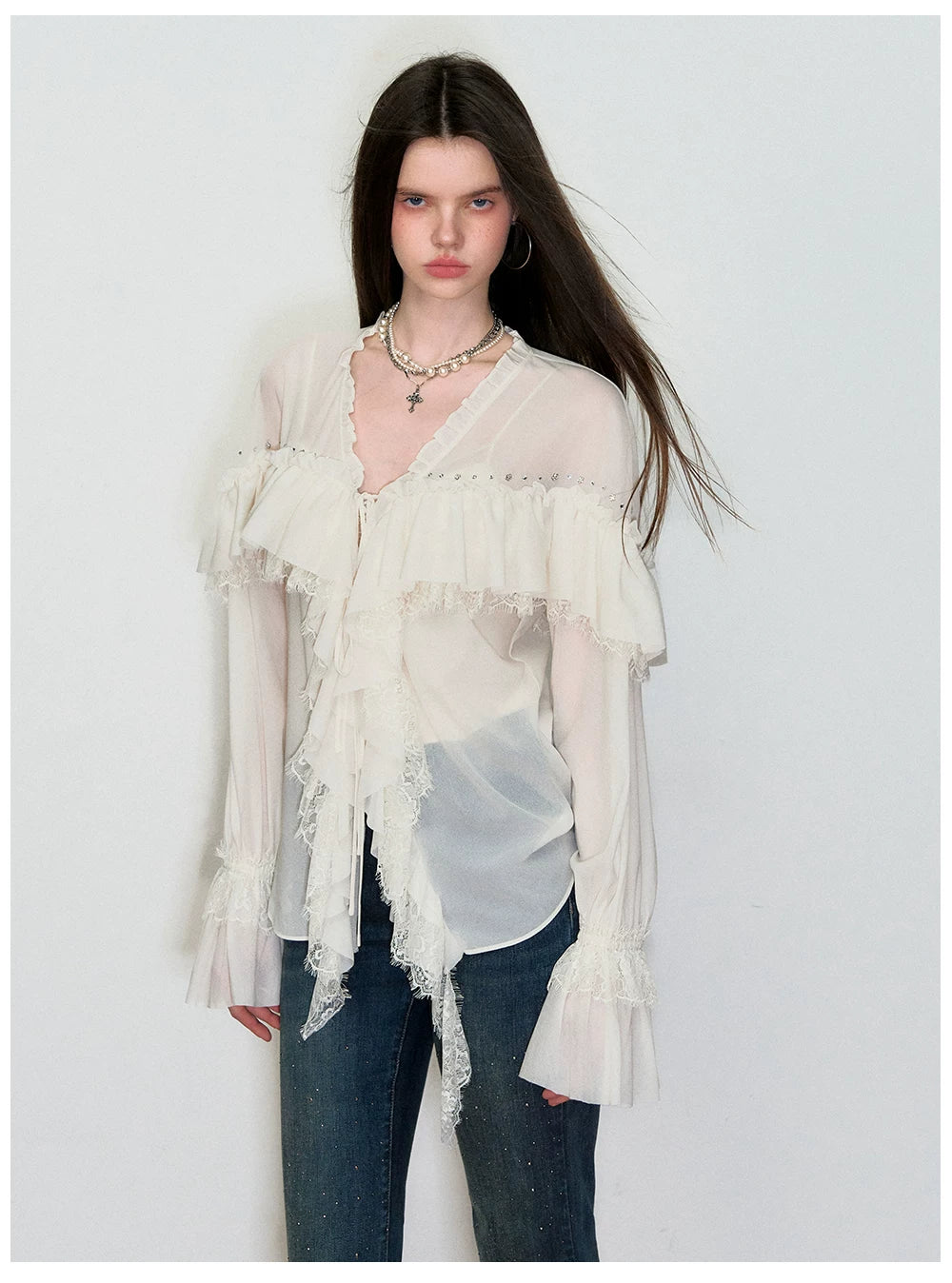 Sheer Lace-Trim Tie Blouse