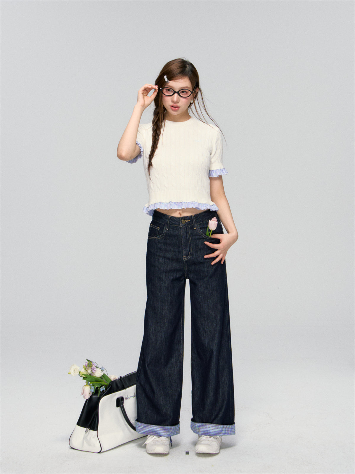 Ruffled Edge Cable Knit Short-Sleeve Top - CHINASQUAD