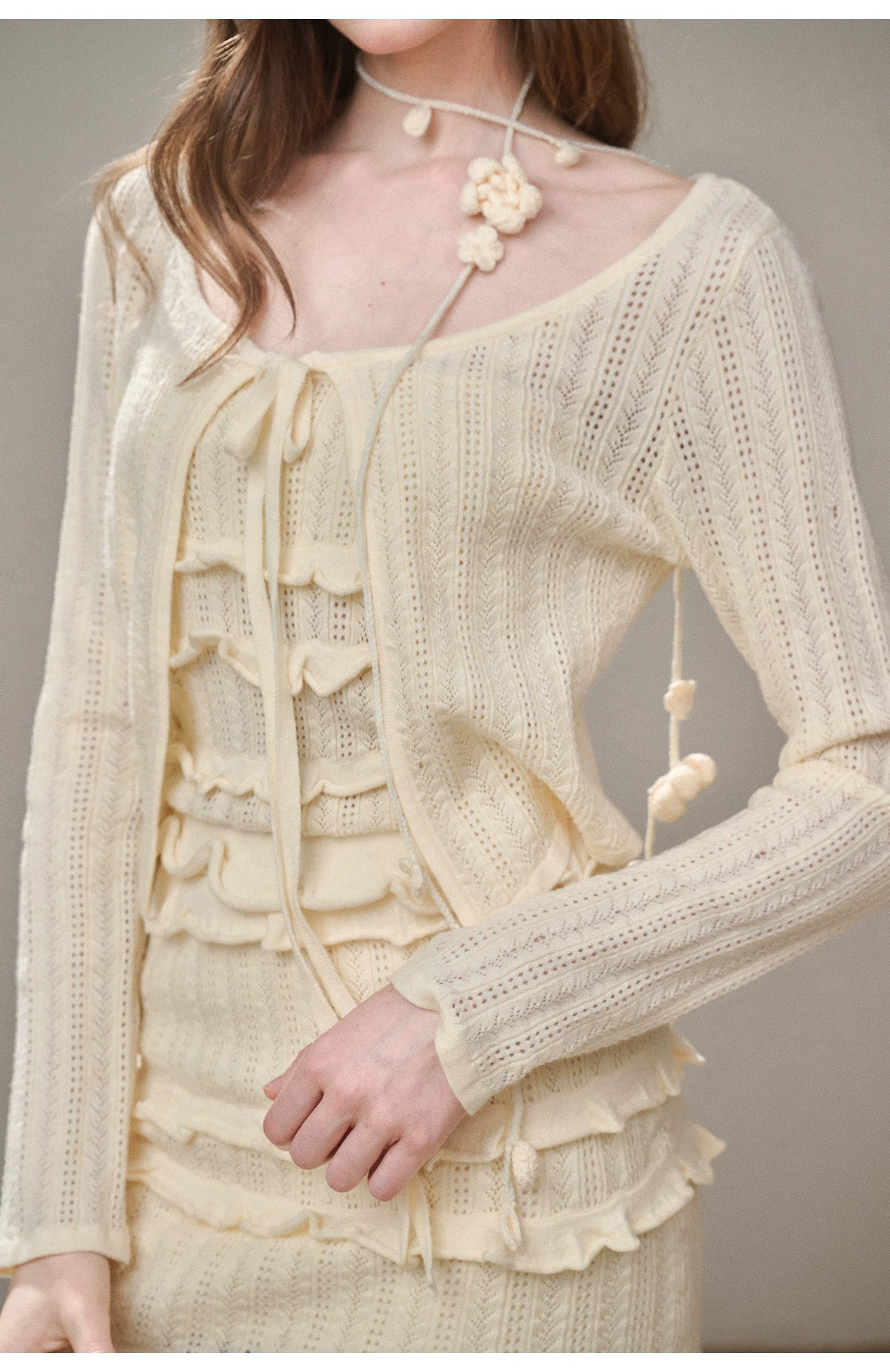 Hollow Out Cream Knit 3-Piece Set