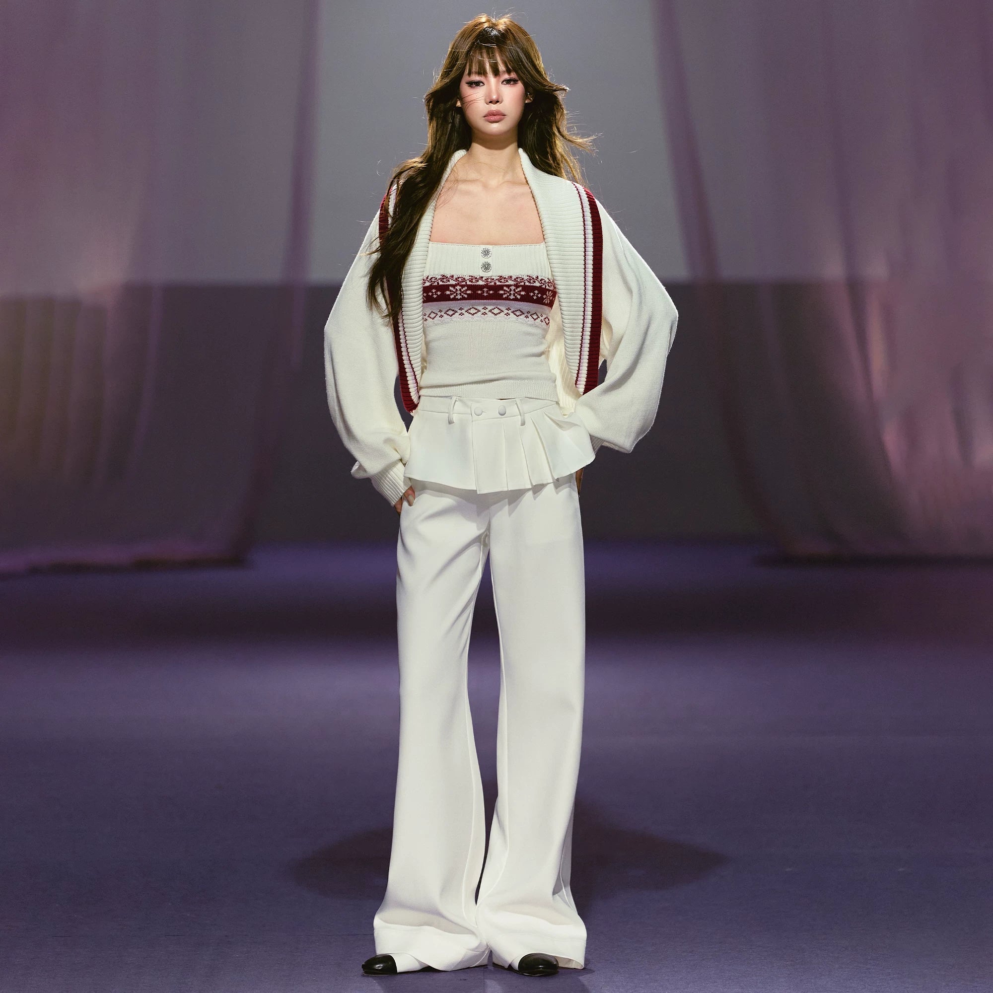 Pleated Faux-Layer Tailored Straight-Leg Trousers