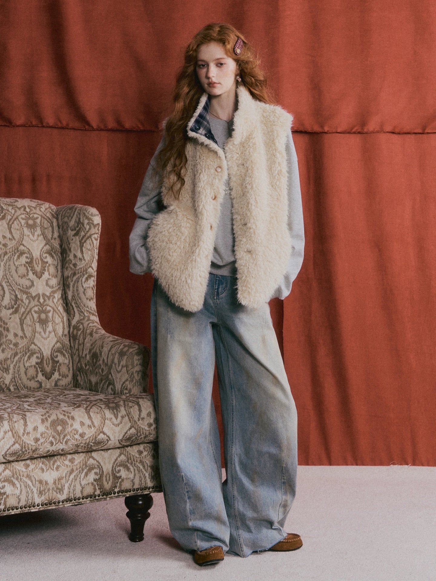 Vintage Washed Distressed Wide-Leg Denim Pants