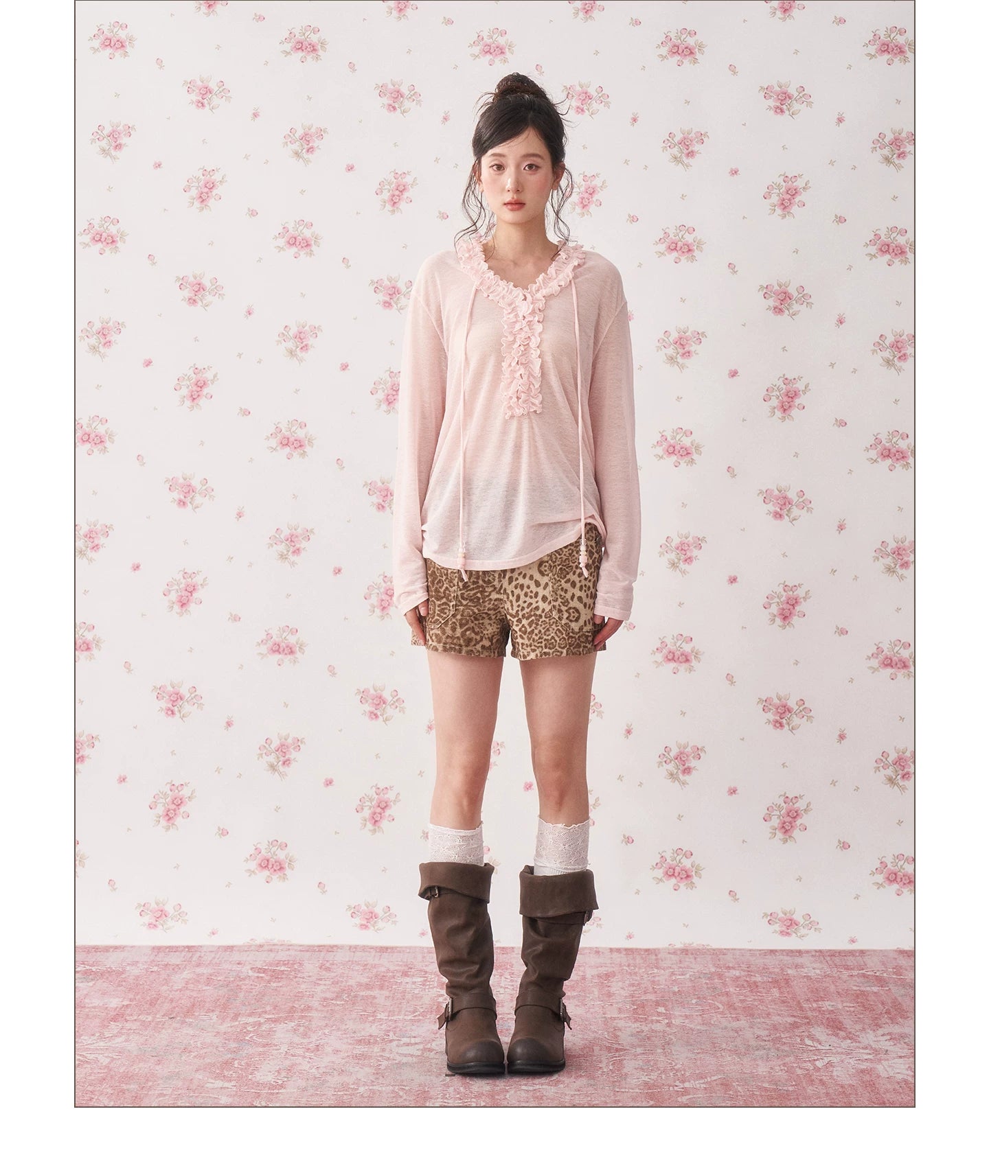 Ruffle Drawstring Sheer Knit Sun-Protective Long Sleeve Top