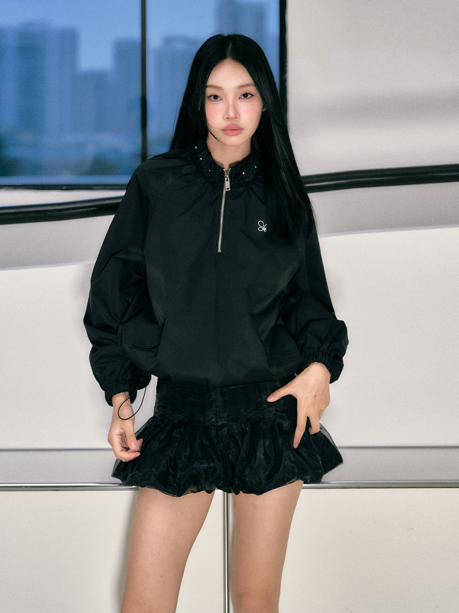 Flower Bud Zipper Jacket & Mesh Skirt Set - CHINASQUAD