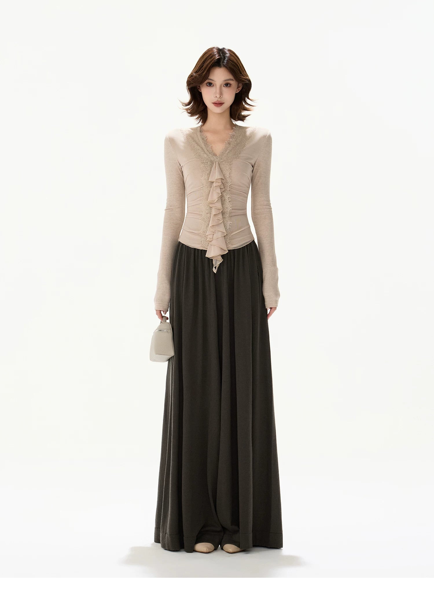 Elegant Lace Ruffle Knit V-Neck Top