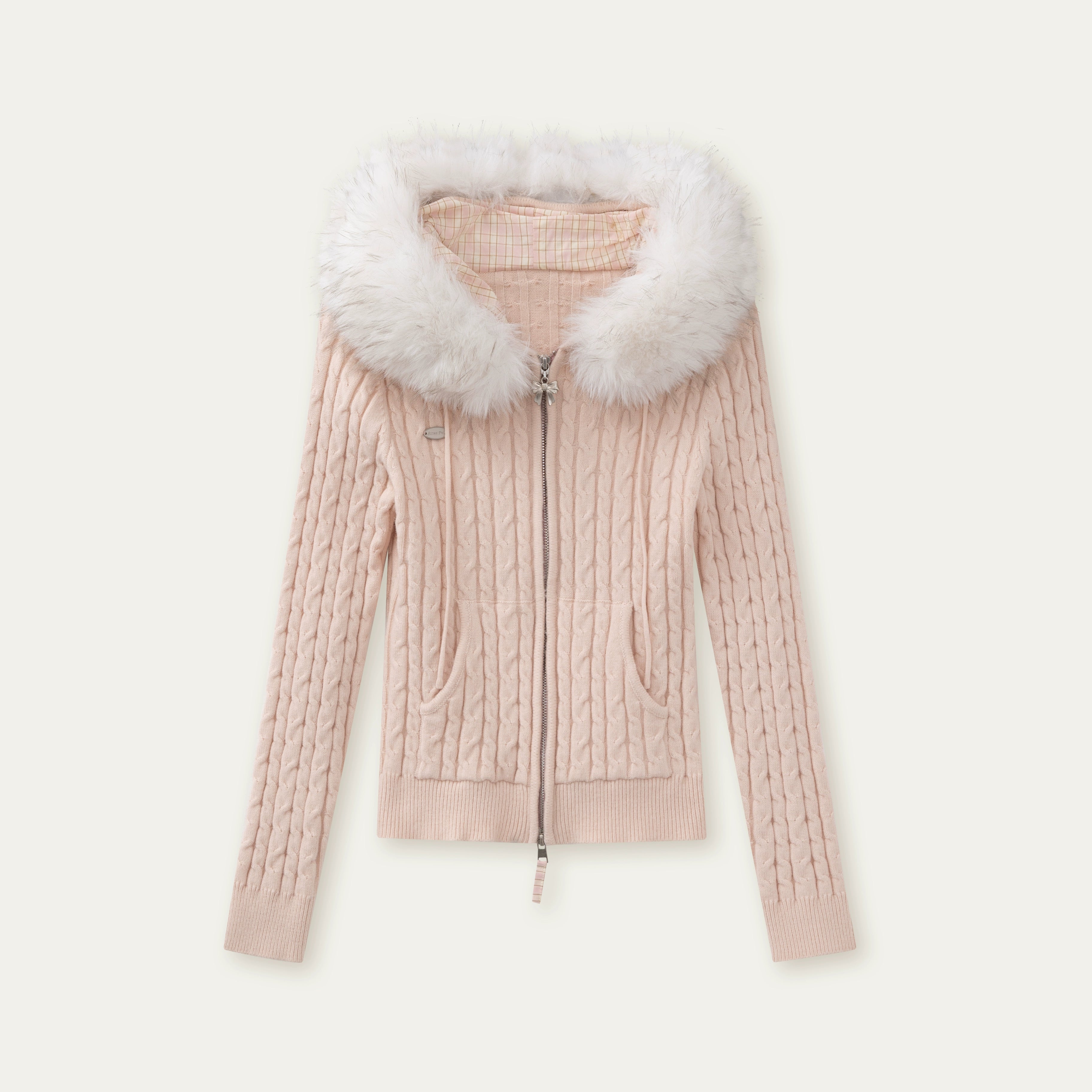 Detachable Fur Collar Blush Zip-up Knit Cardigan - CHINASQUAD