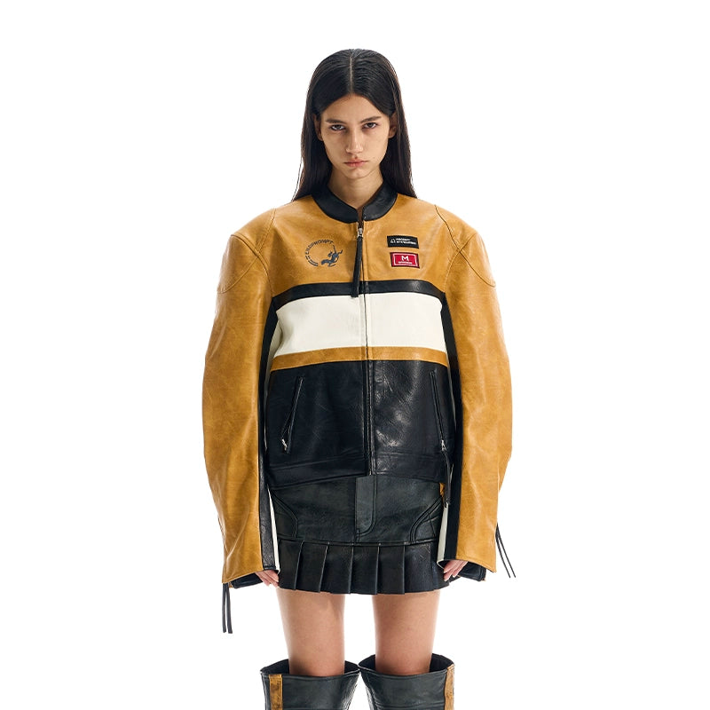 Color-Blocked Cropped Leather Sports Jacket - CHINASQUAD
