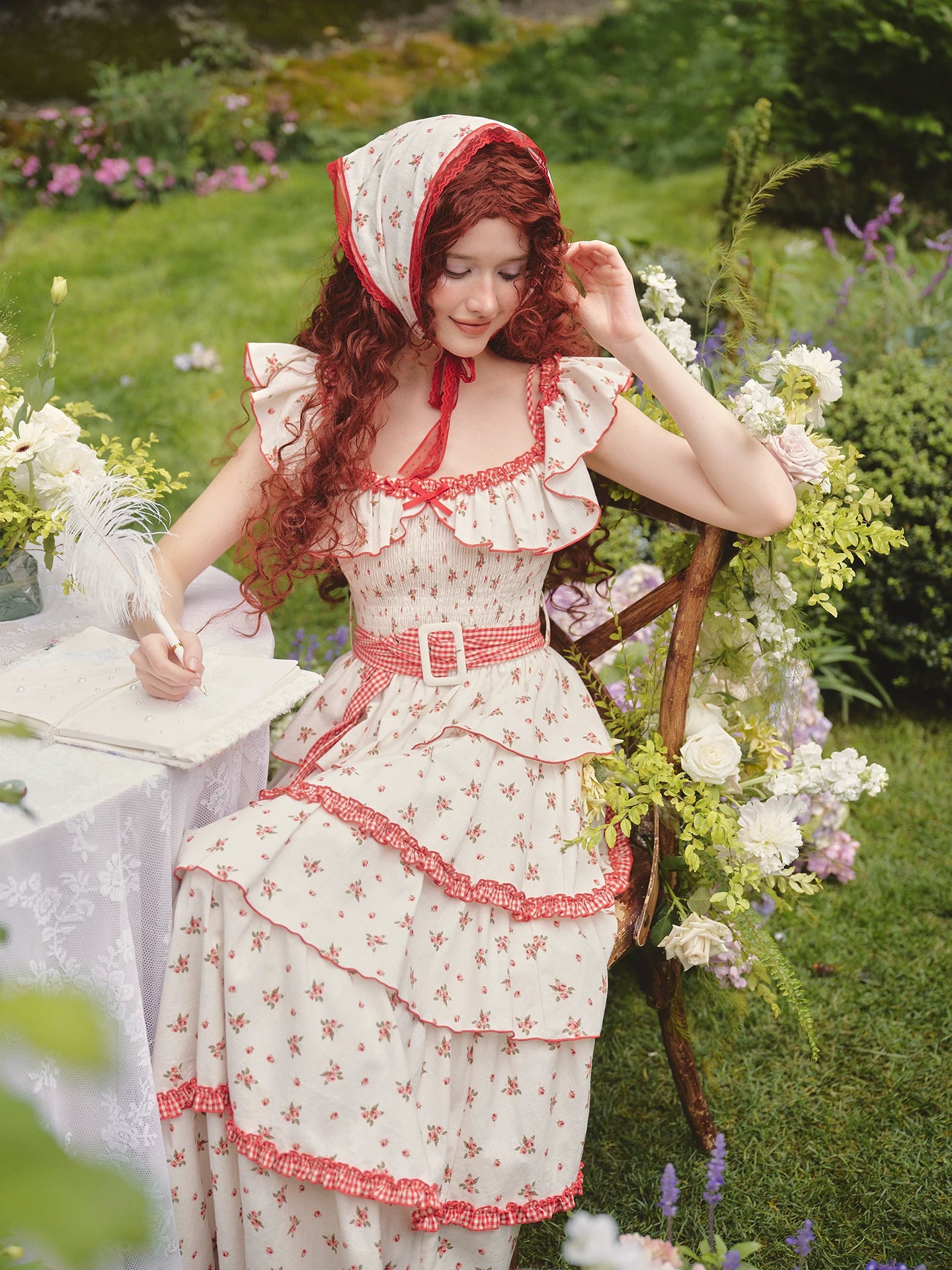 French Pastoral Floral Tiered Maxi Dress