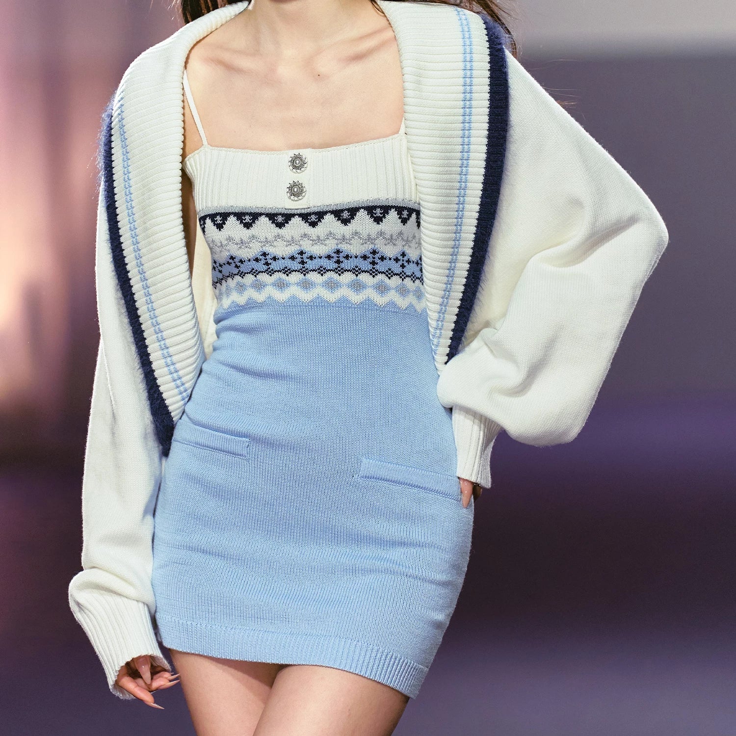 Asymmetrical Strap Top & Fair Isle Knit Cardigan Set