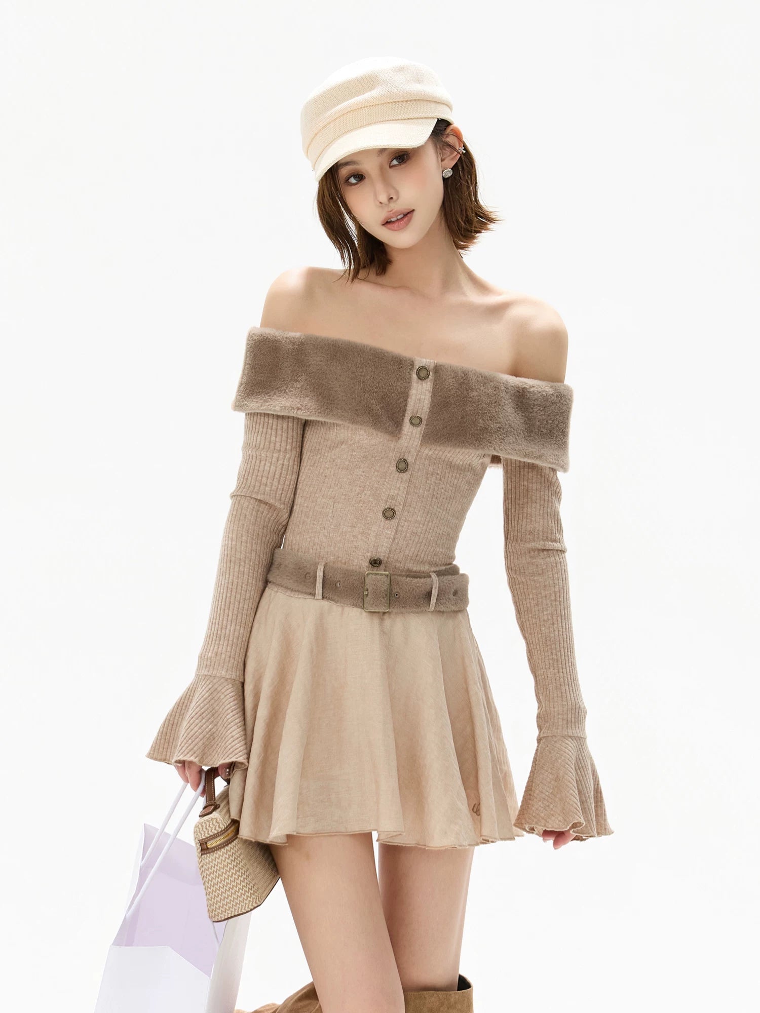 Mink Knit Off-Shoulder Dress