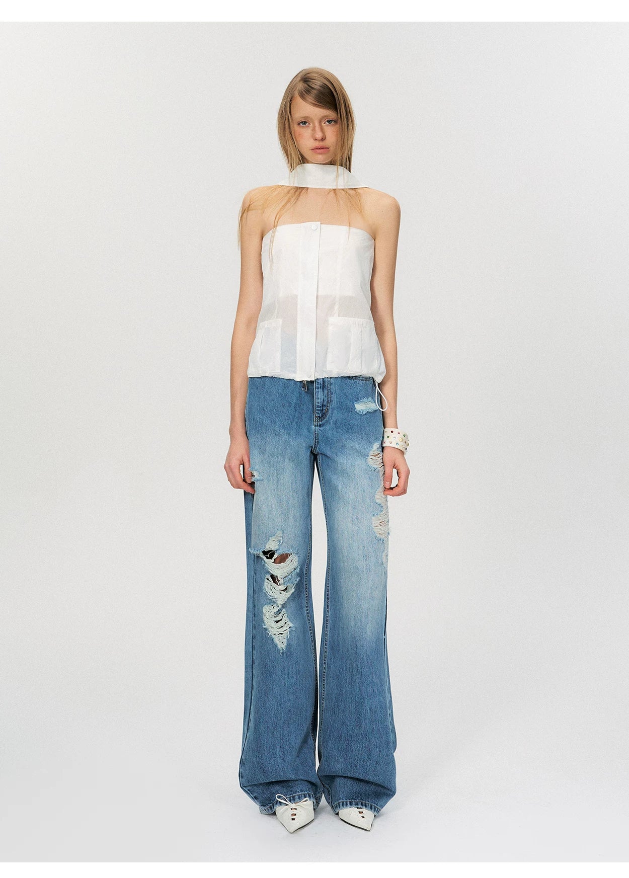 Sheer Utility-Inspired Strapless Peplum Top