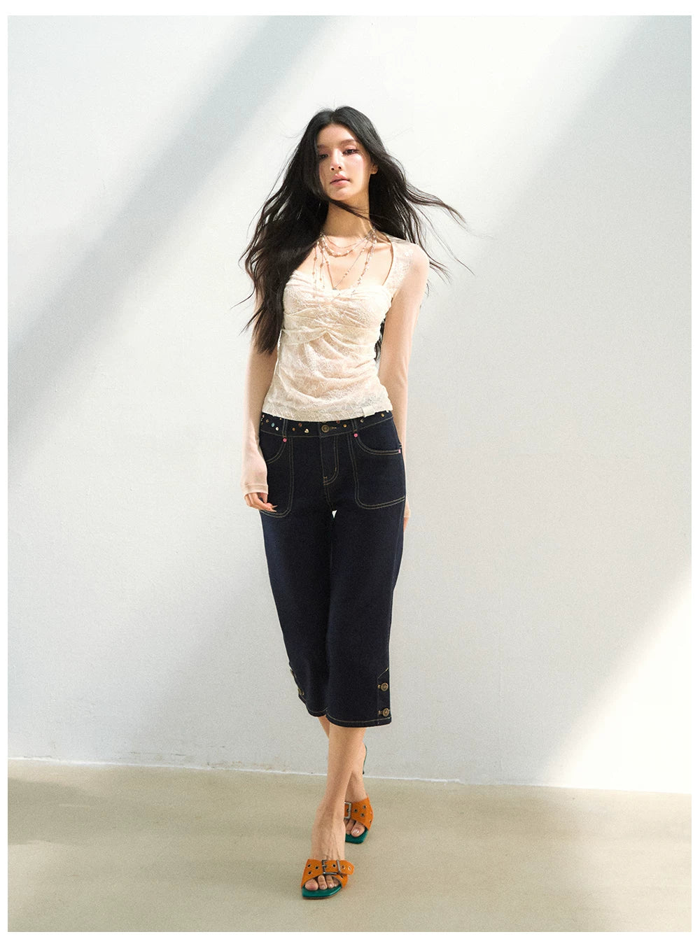 Lace Mesh Ruched Long Sleeve T-Shirts