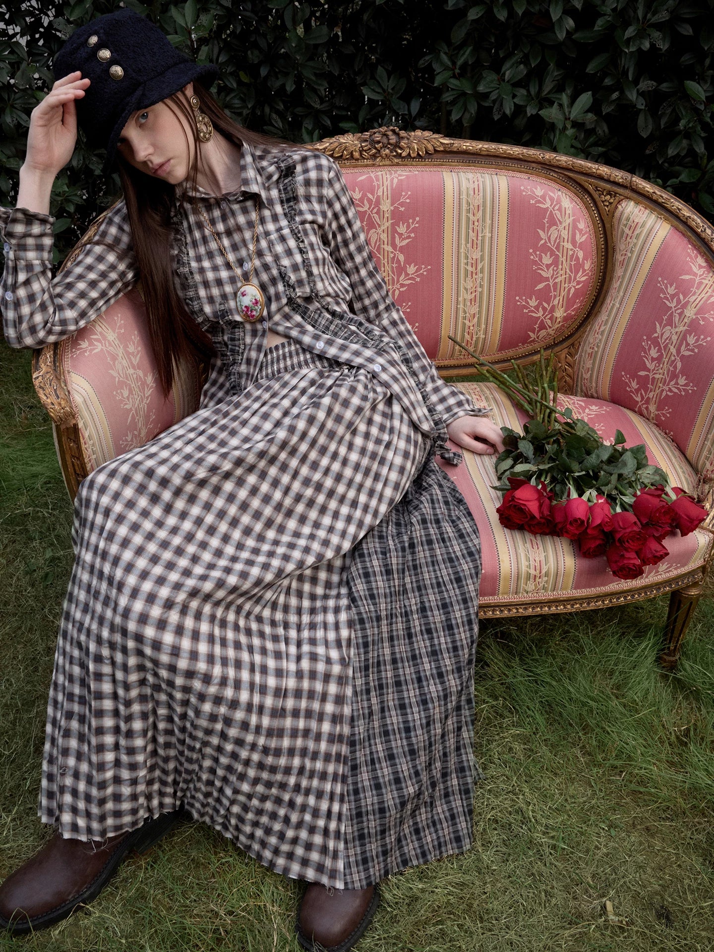 Contrast Plaid Ruffle Shirt & Long Skirt Set