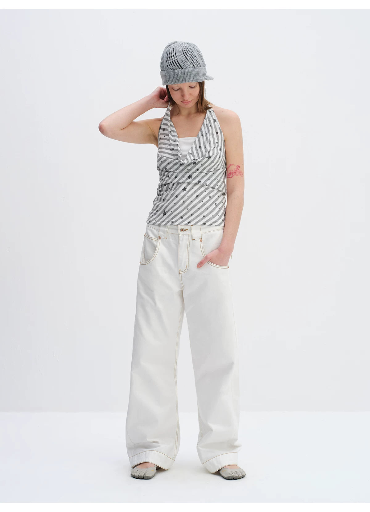 White Relaxed Fit 3D Cut Wide-Leg Denim Jeans