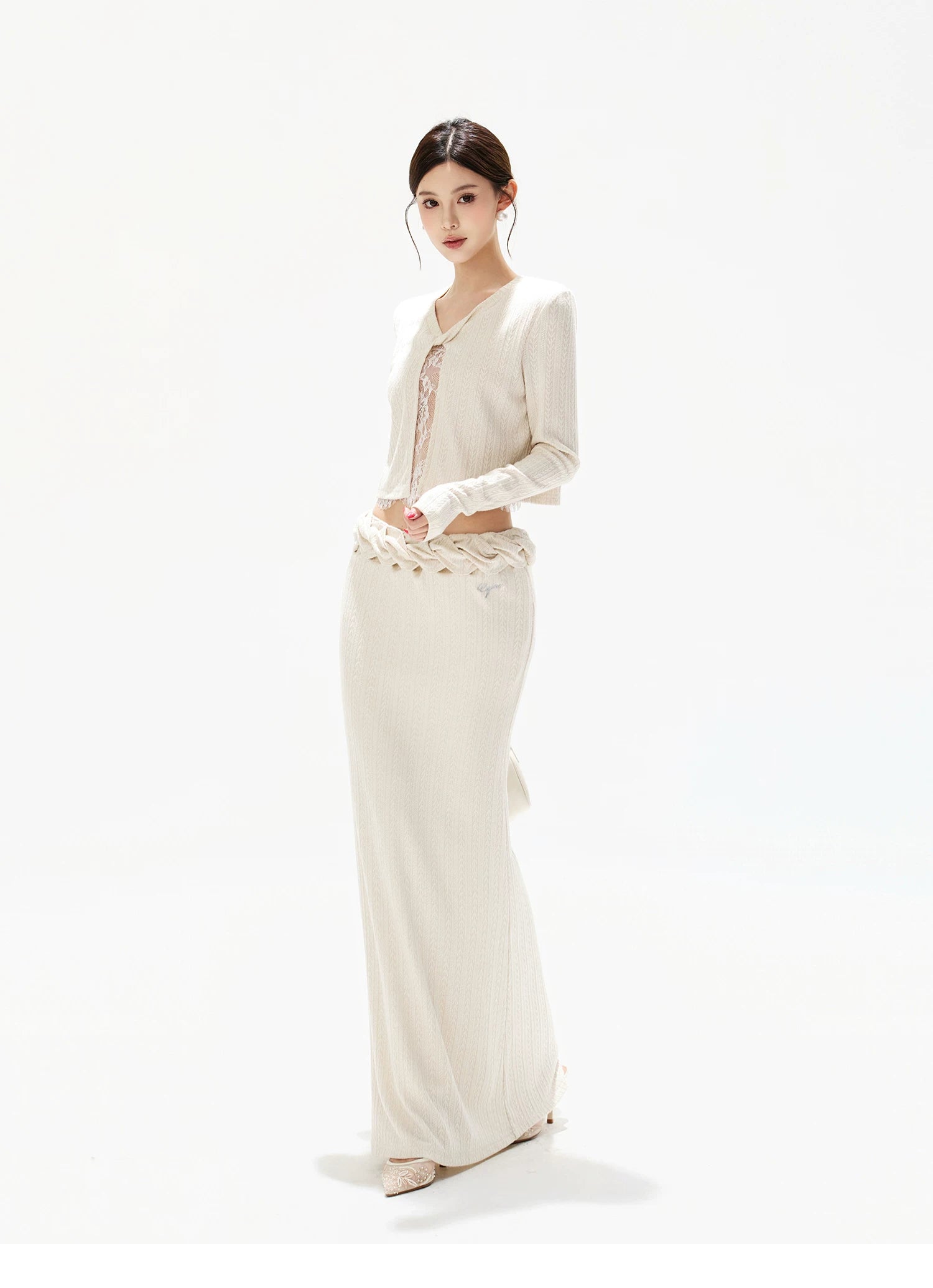 Apricot Lace Panel Knit Two-Piece Set