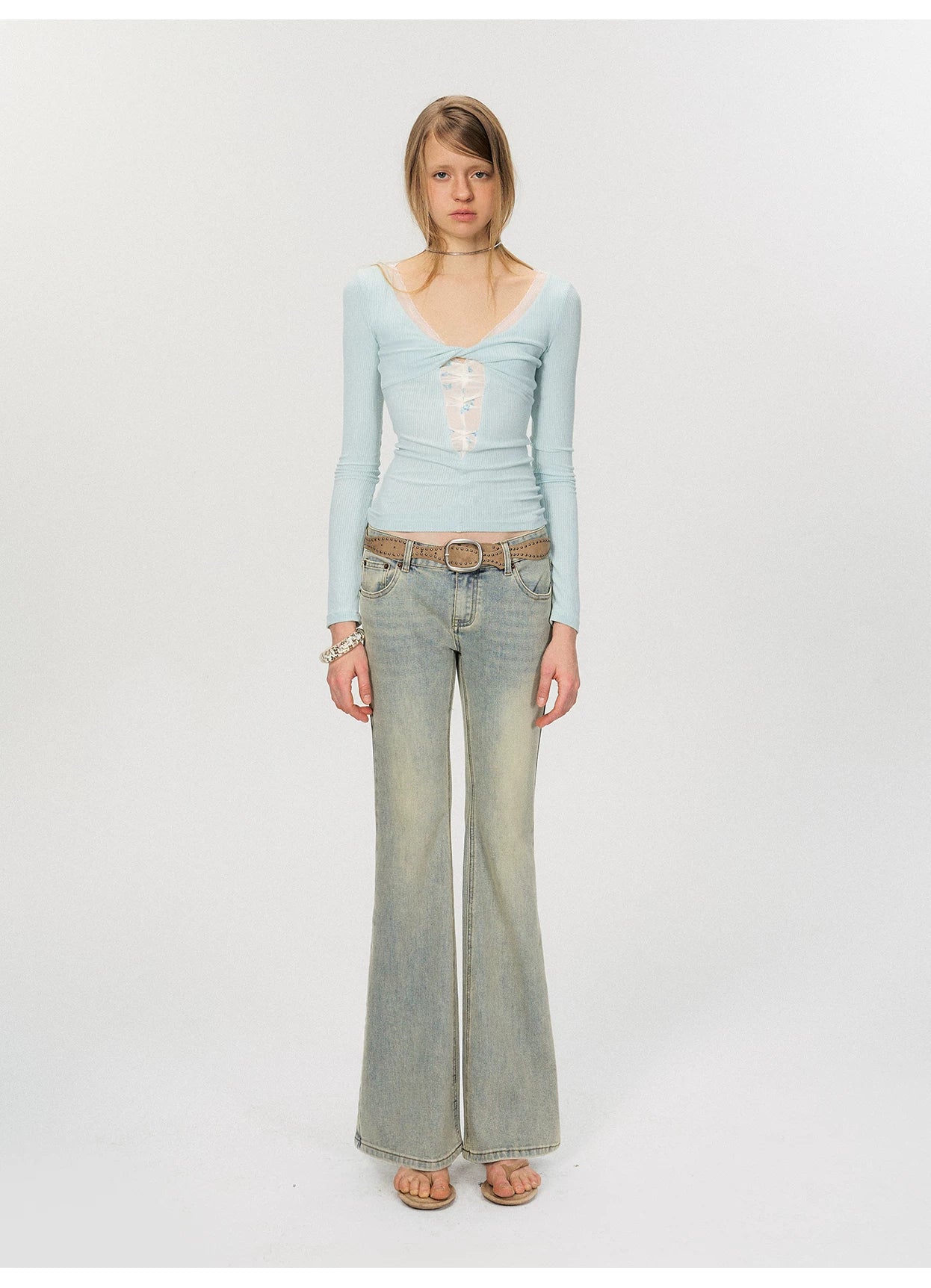 Twist-Front Mesh Panel Slim Fit Long Sleeve Top