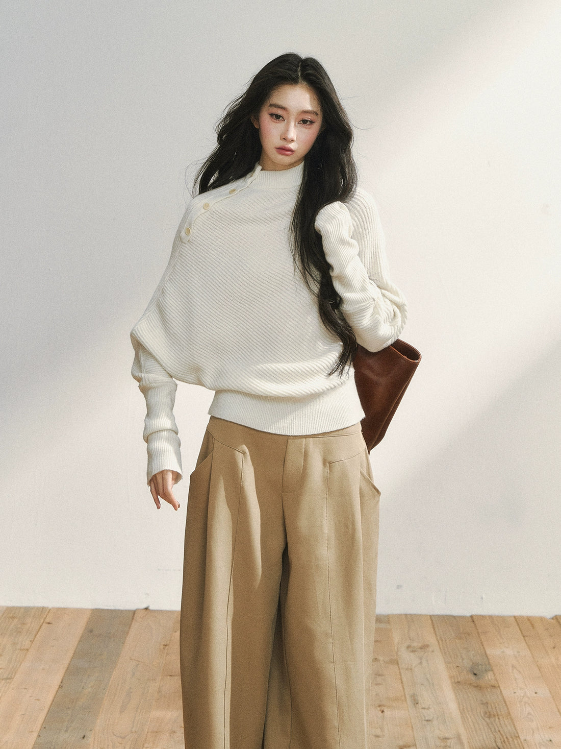 Asymmetric Buttoned White Knit Sweater