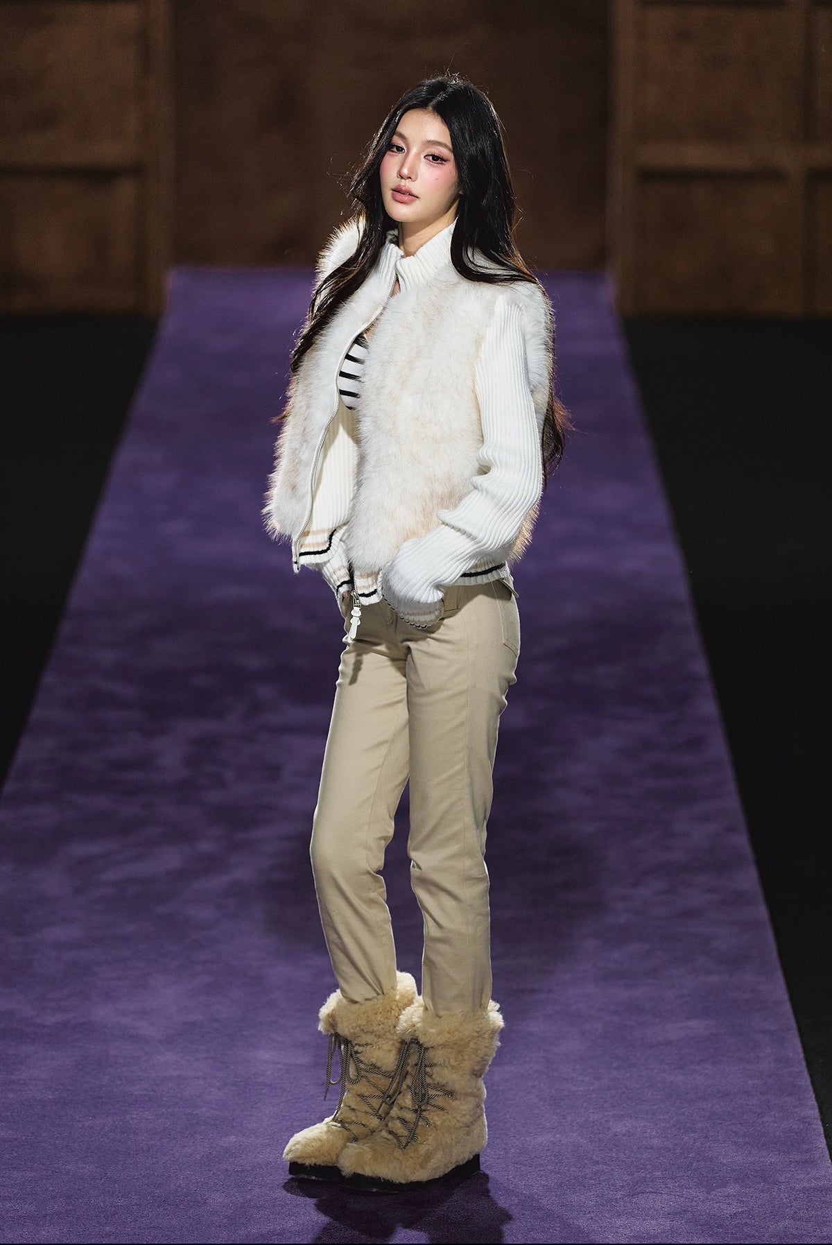 Faux Fur Knit-Panel Two-in-One Cardigan