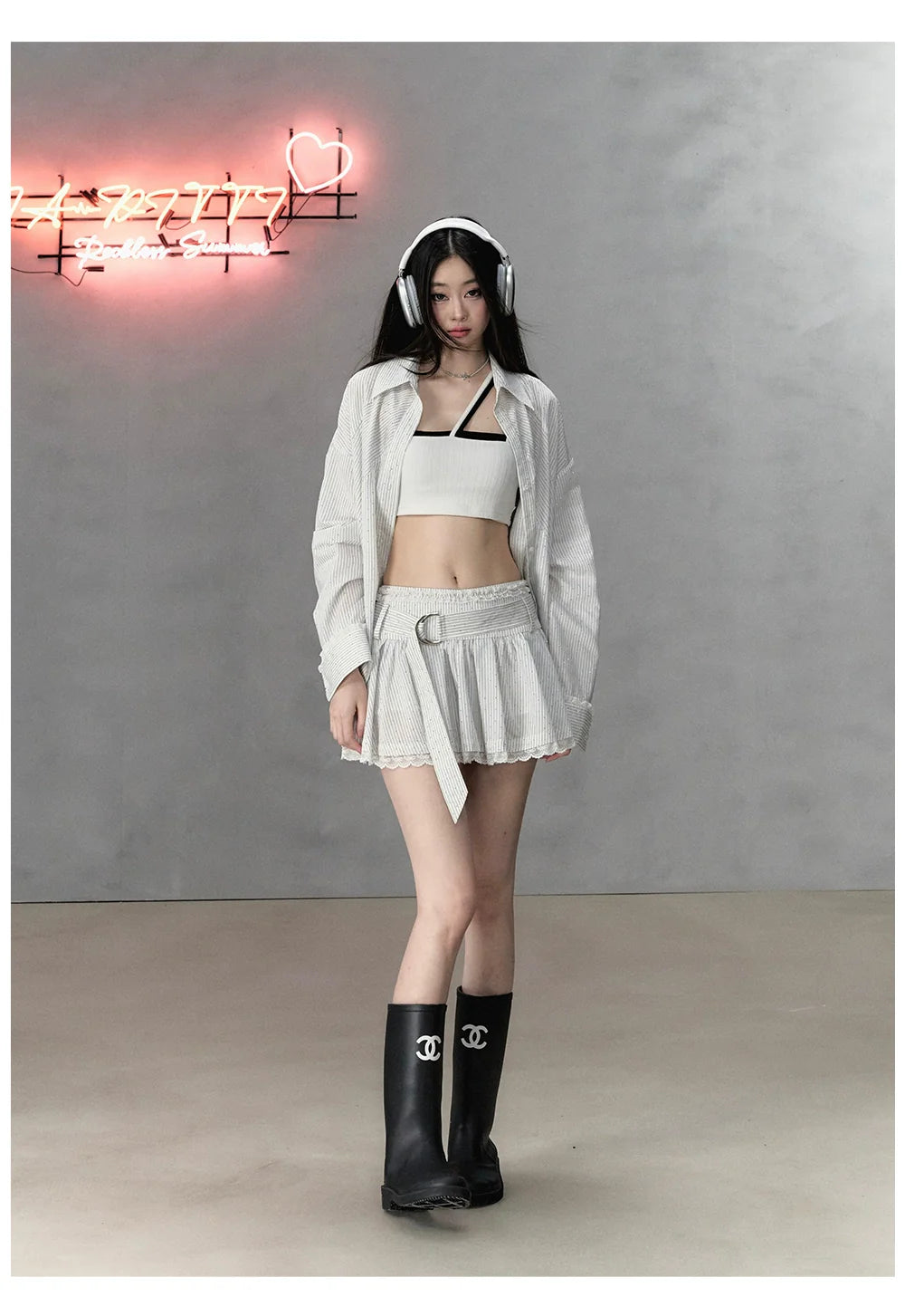 Shiny Rhinestone Striped Lace Patchwork Shirt & Skirt - CHINASQUAD