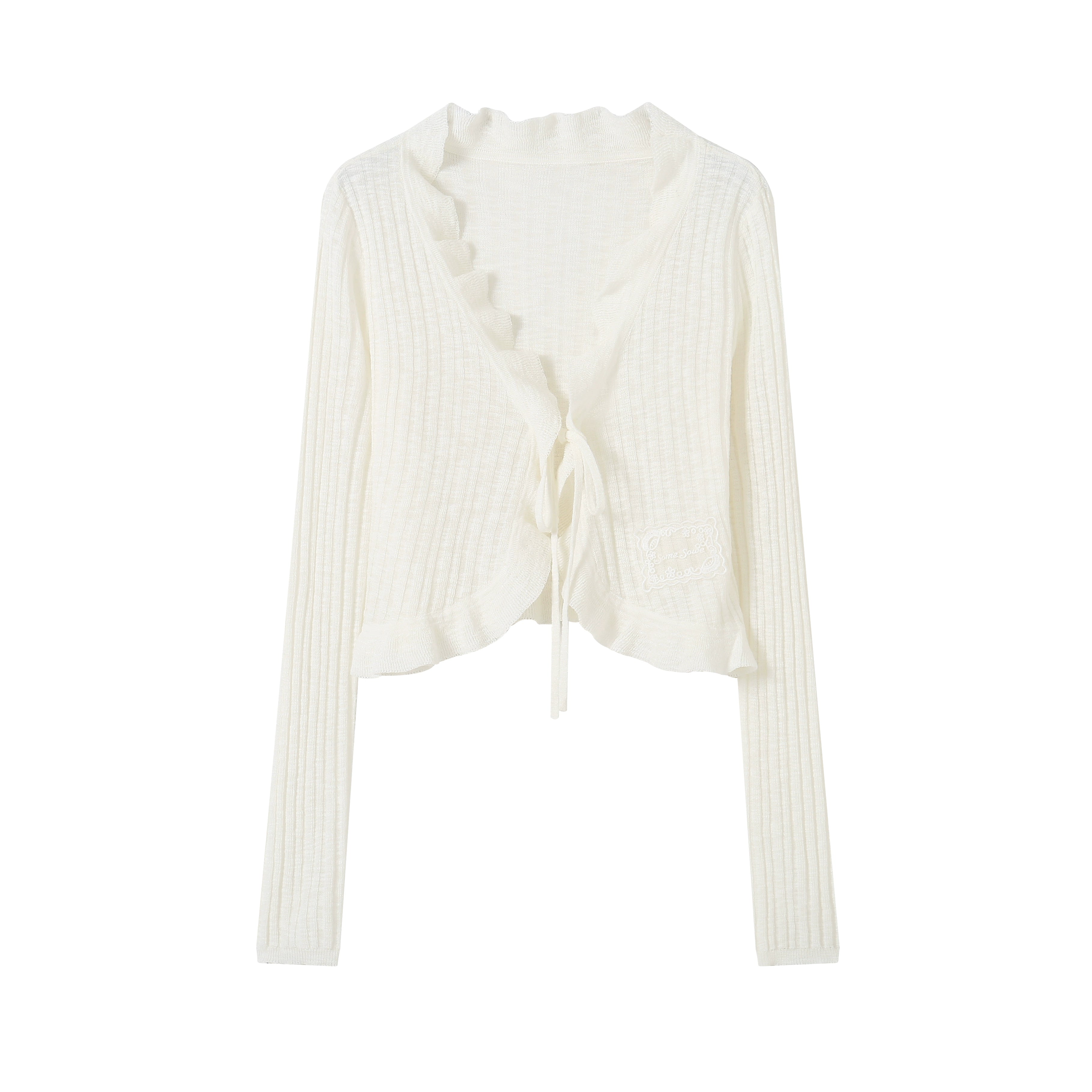 White Ruffle Edge Tie-front Cardigan - CHINASQUAD