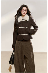 Brown Wool-Blend Toggle Cropped Jacket - CHINASQUAD