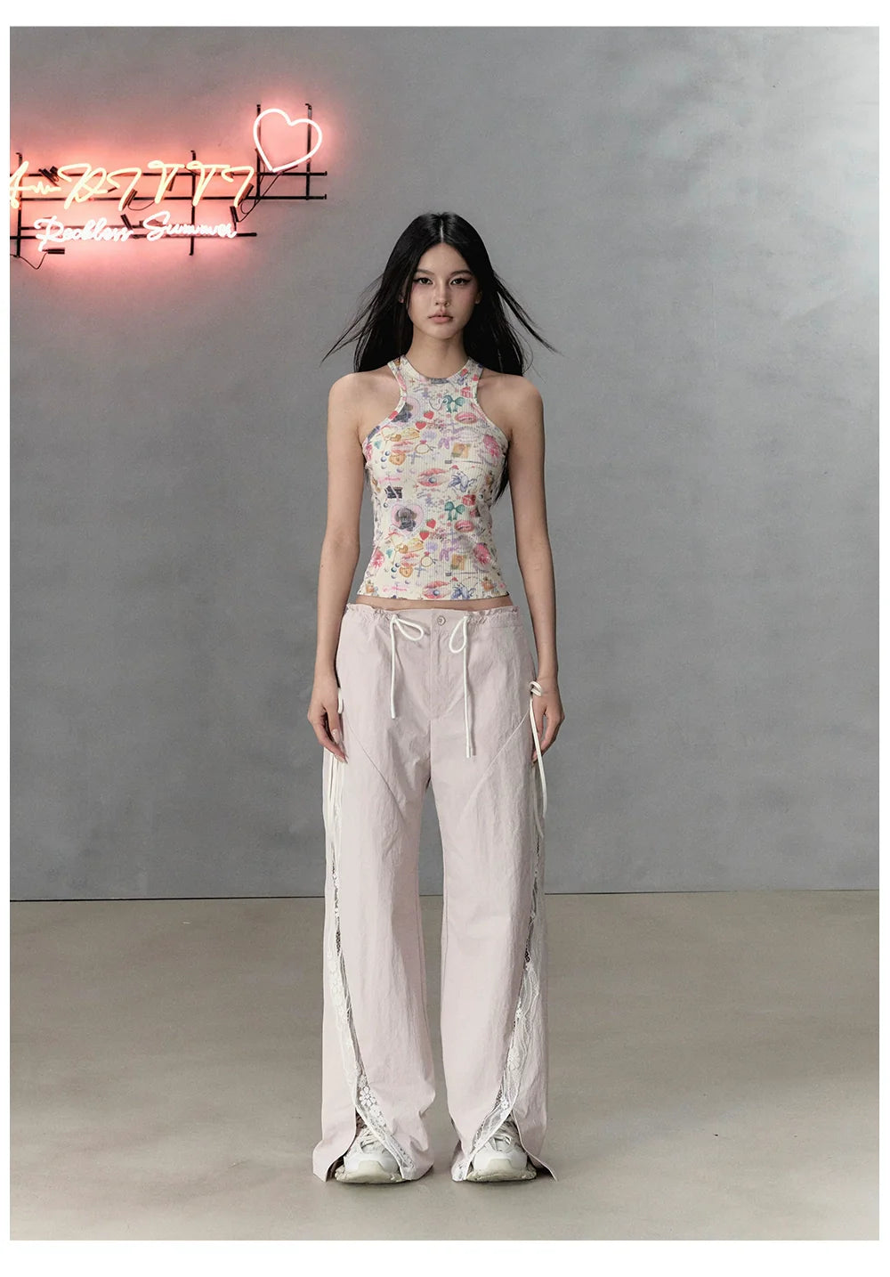 Pink Lace Patchwork Casual Cargo Pants - CHINASQUAD