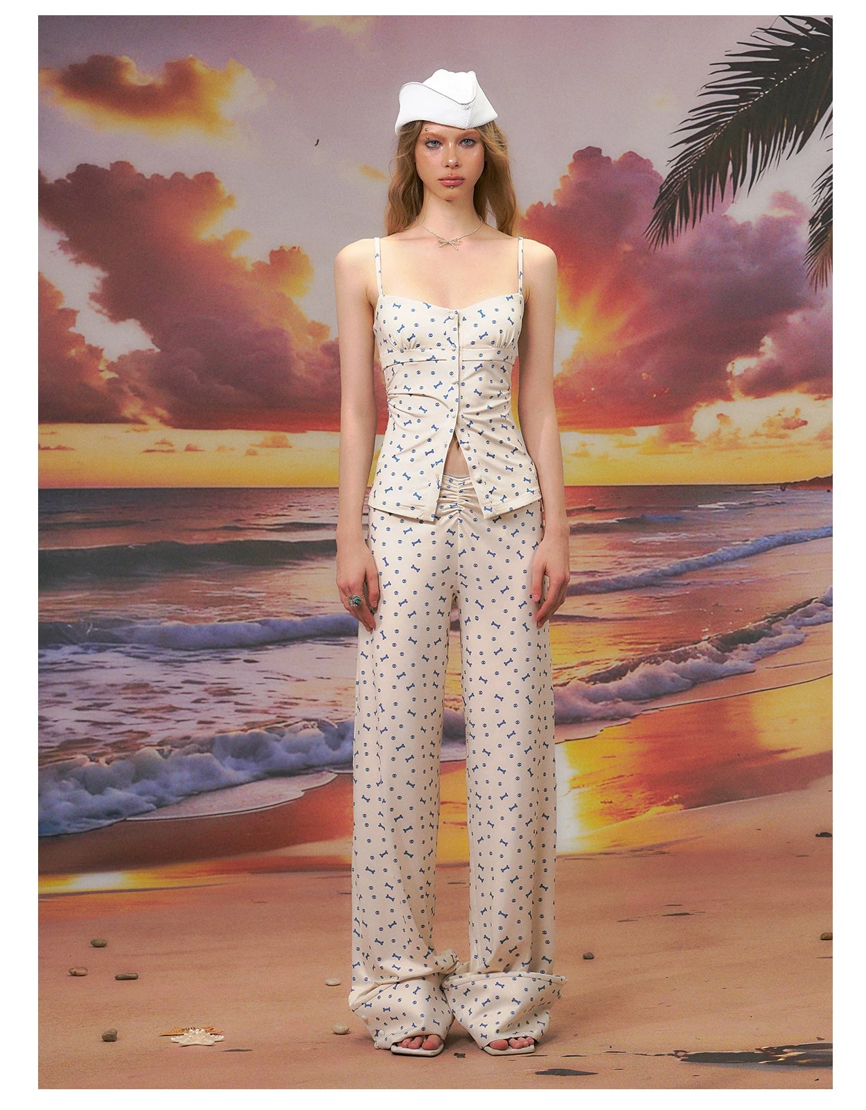 Printed Strapless Camisole Top & Straight-Leg Pants Set