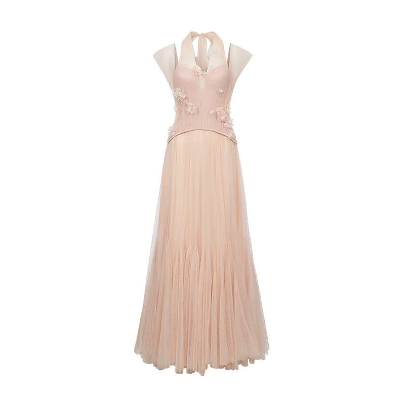 Heavy Lace Halter Corset Mesh Maxi Dress