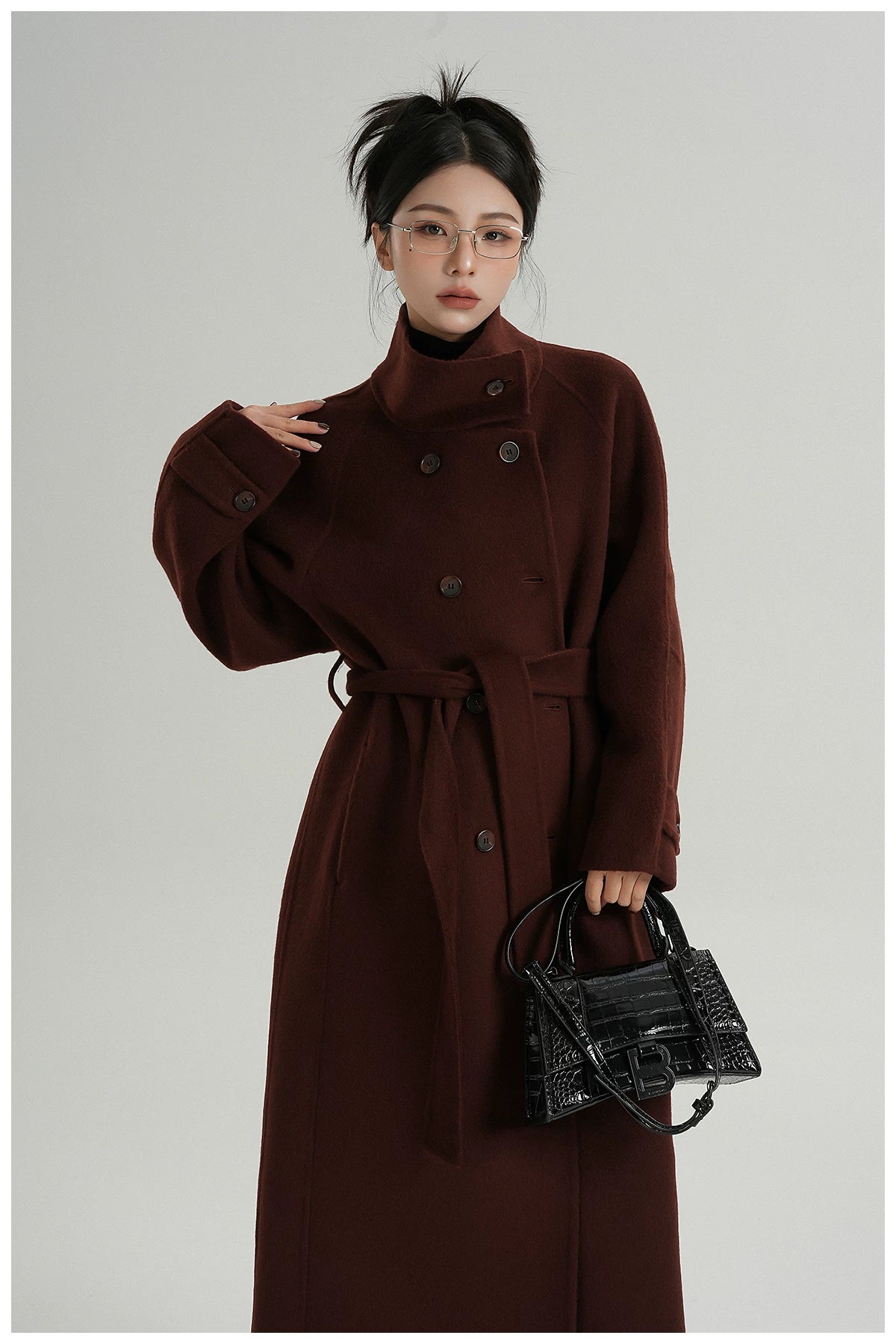 Stand-Collar Long Wool Coat
