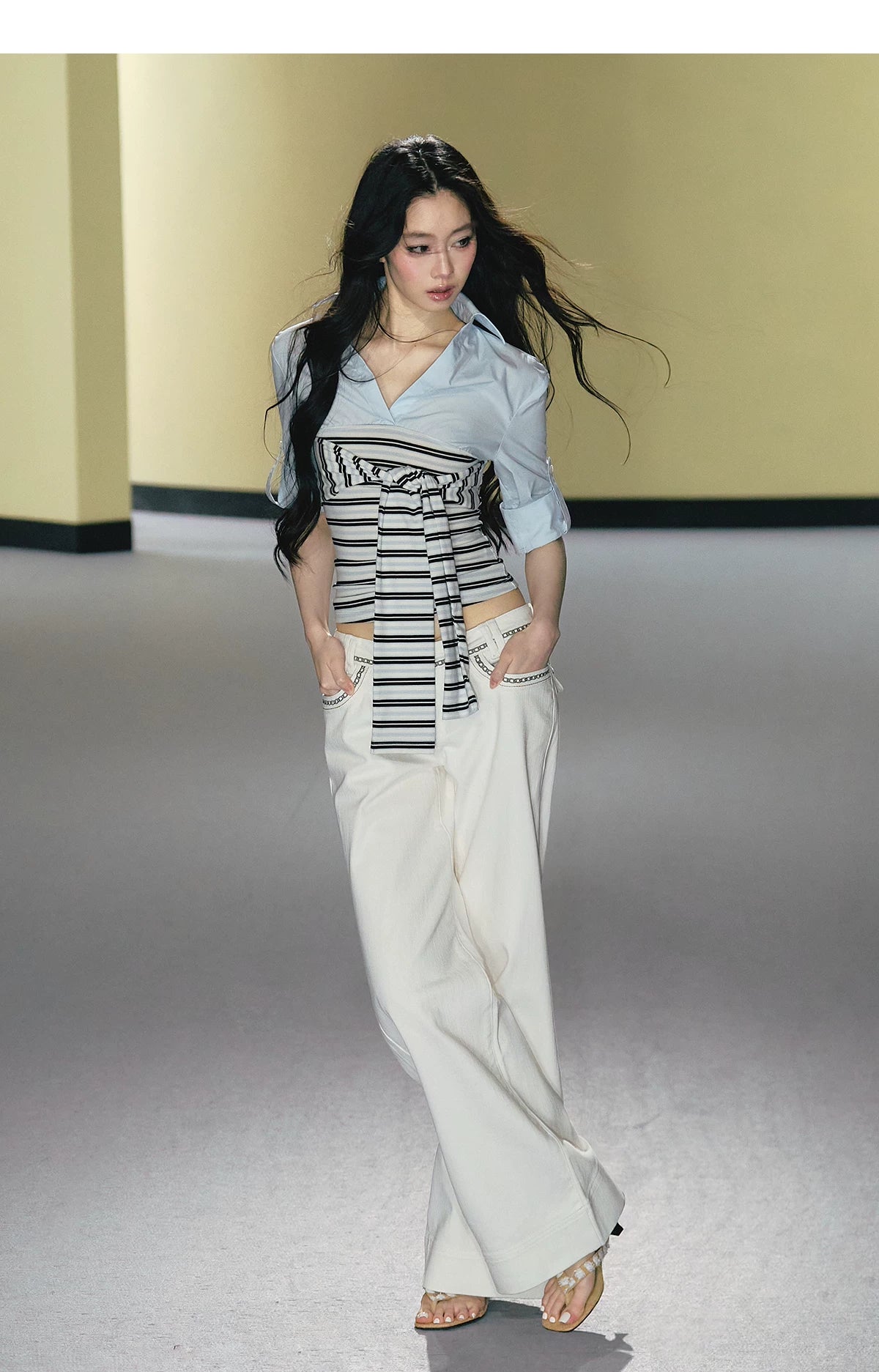 Layered Contrast Tie-Waist Shirt Top