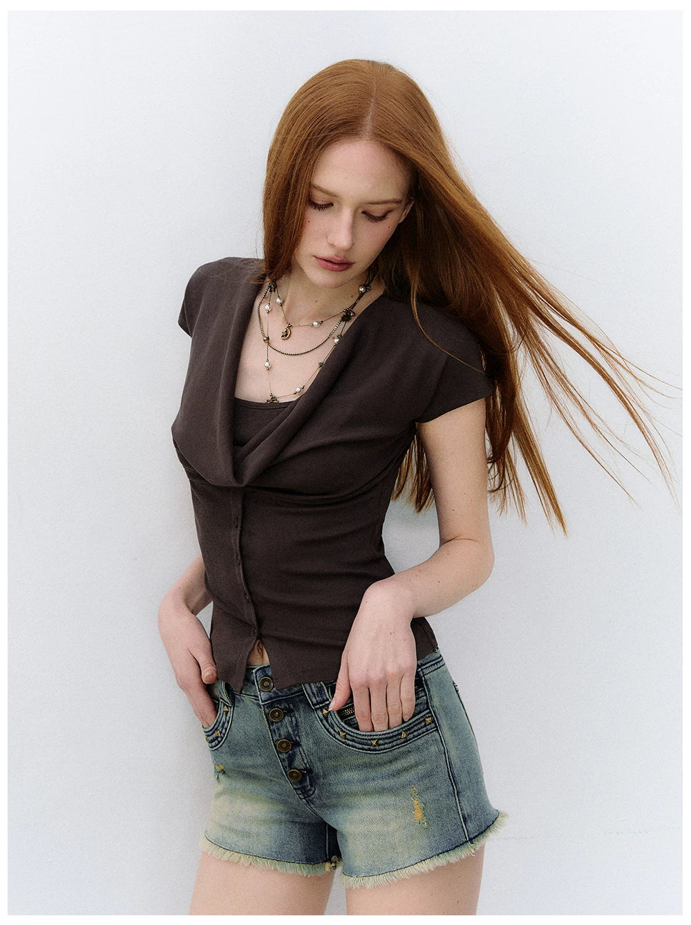 Layered Deconstructed Two-in-One Buttoned T-shirt