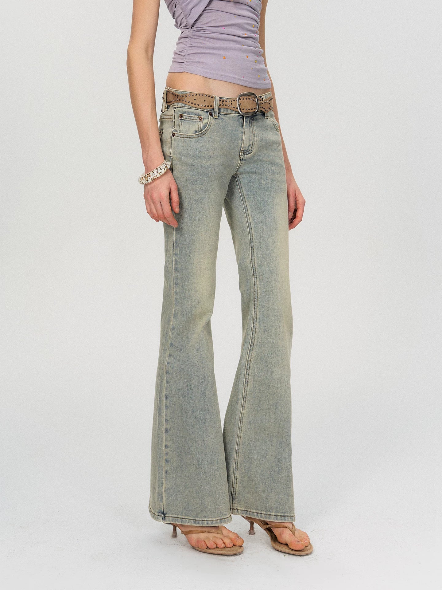 Vintage Washed Low-Rise Flared Denim Jeans