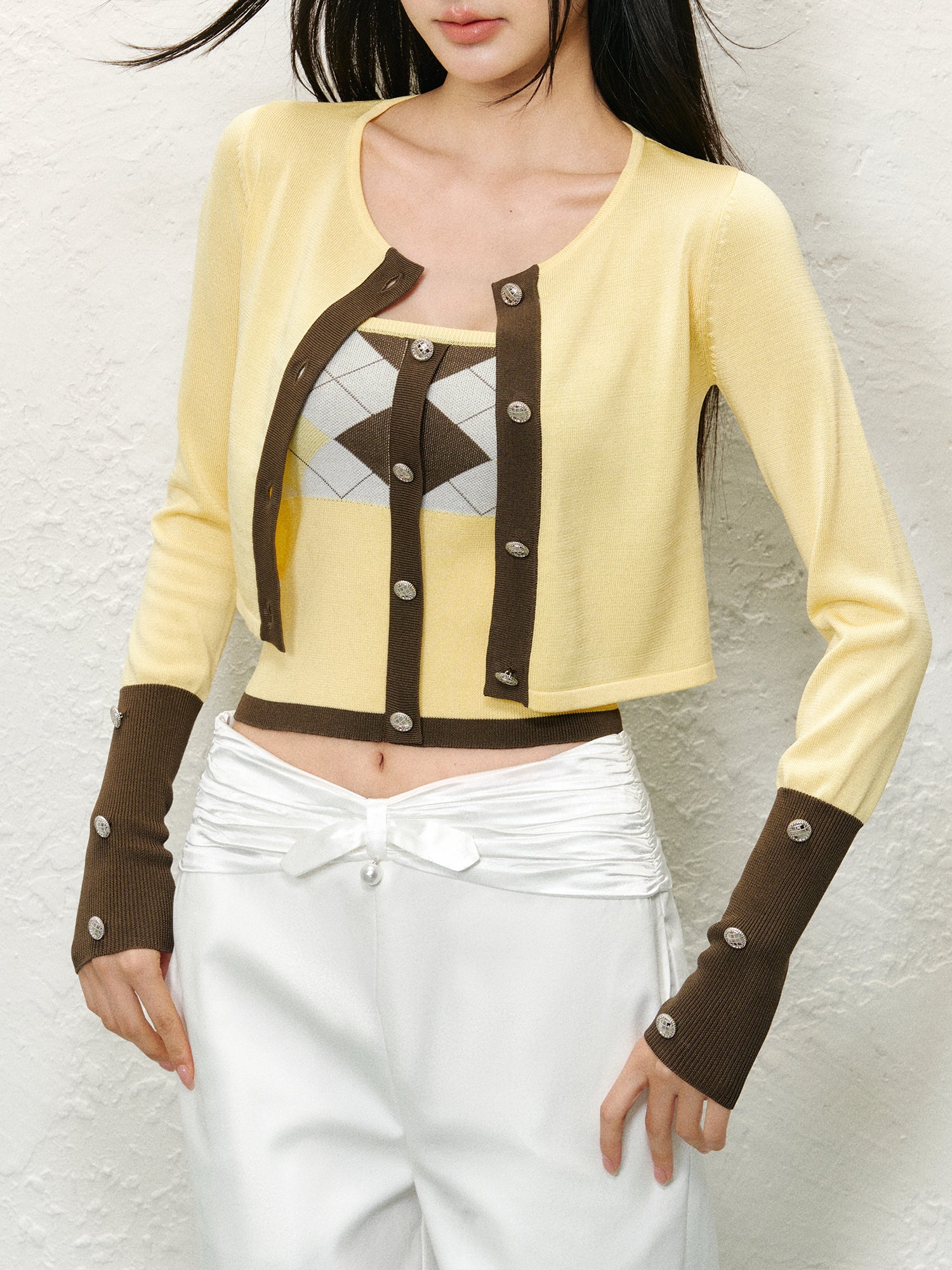 Diamond Color-Blocked Round Neck Knitted Cardigan Set - CHINASQUAD