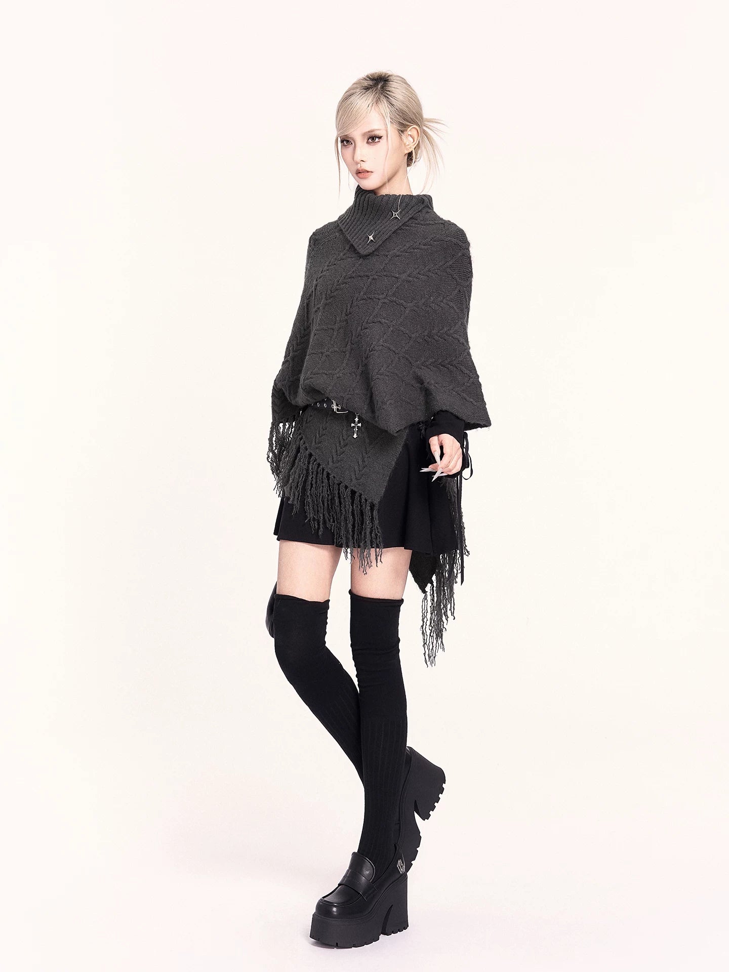 Asymmetric Turtleneck Knit Cape