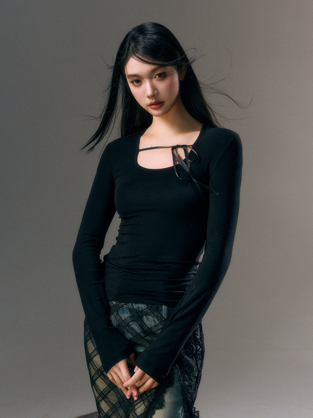 Mesh Lace Up Backless Blouse - CHINASQUAD