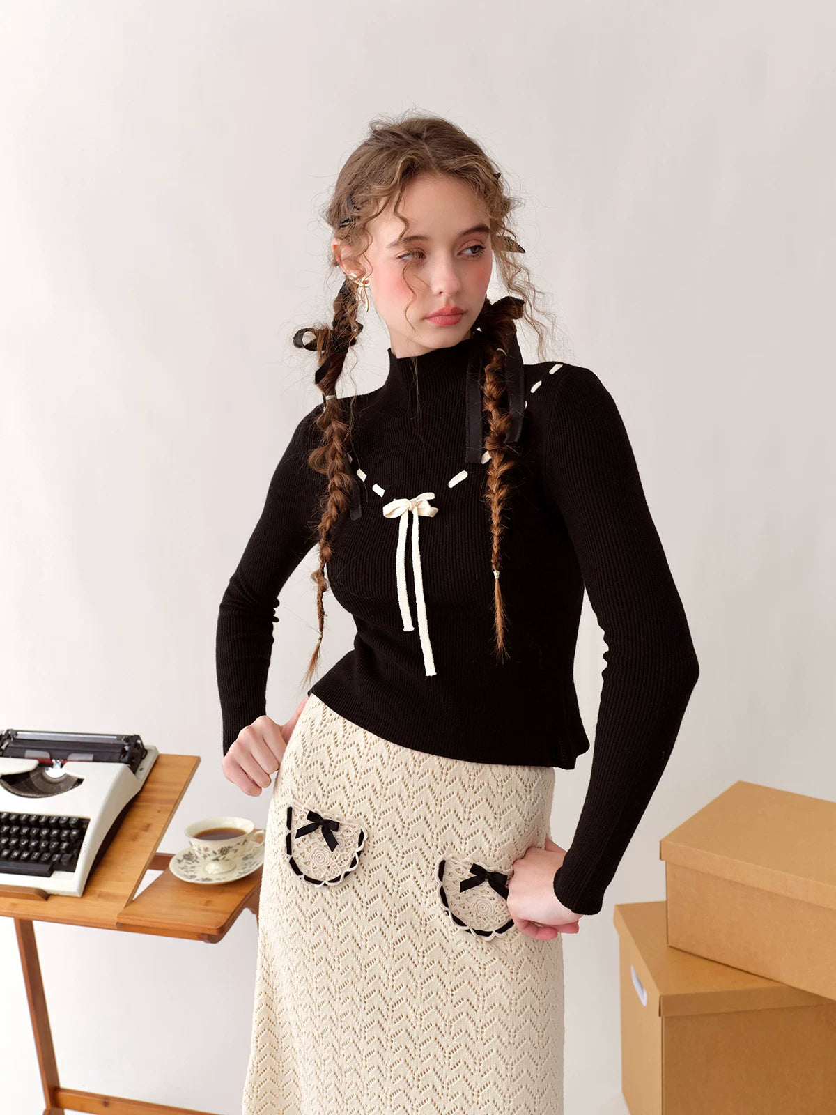 Collegiate White Mock-Neck Knit Top & Skirt Set