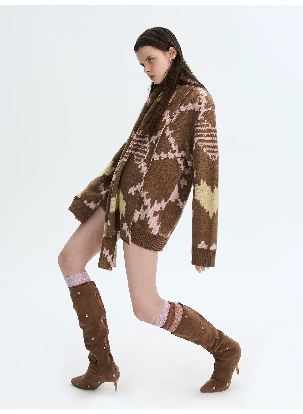 Retro Pixel Jacquard Knit Sweater & Scarf Set