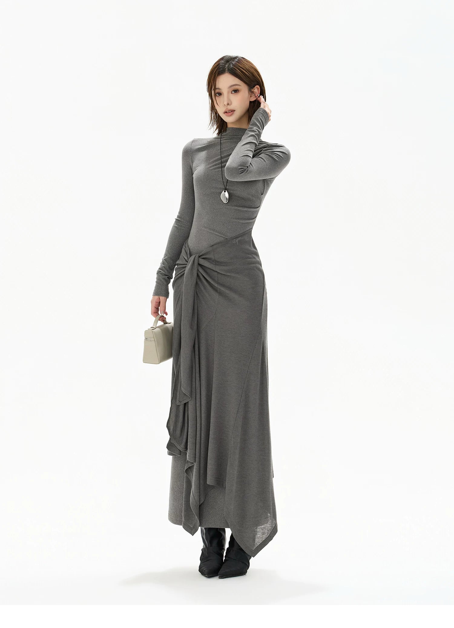 Half-High Neck Tie-Detail Knit Maxi Dress