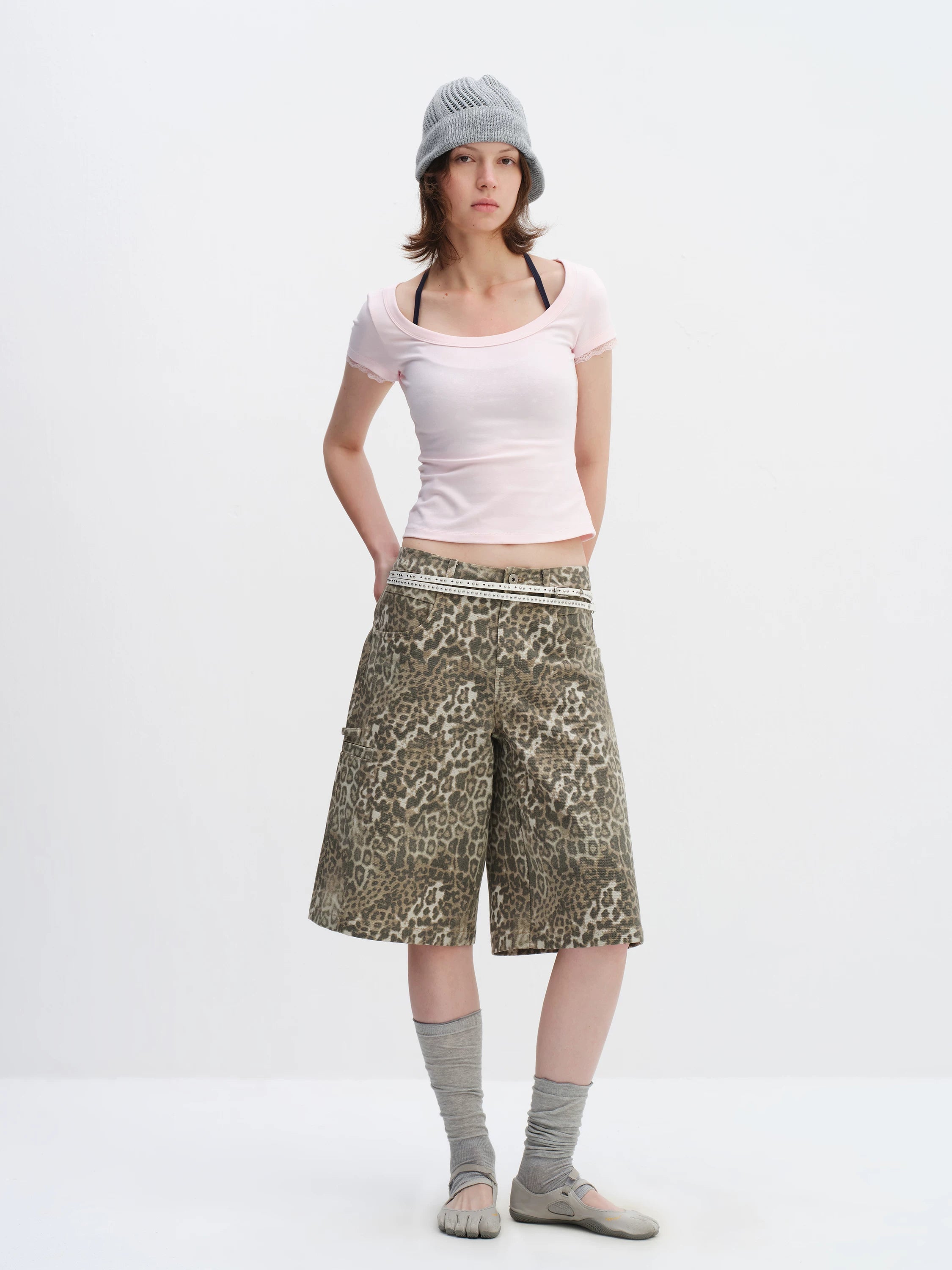 Vintage Leopard Print Relaxed Wide-Leg Bermuda Shorts