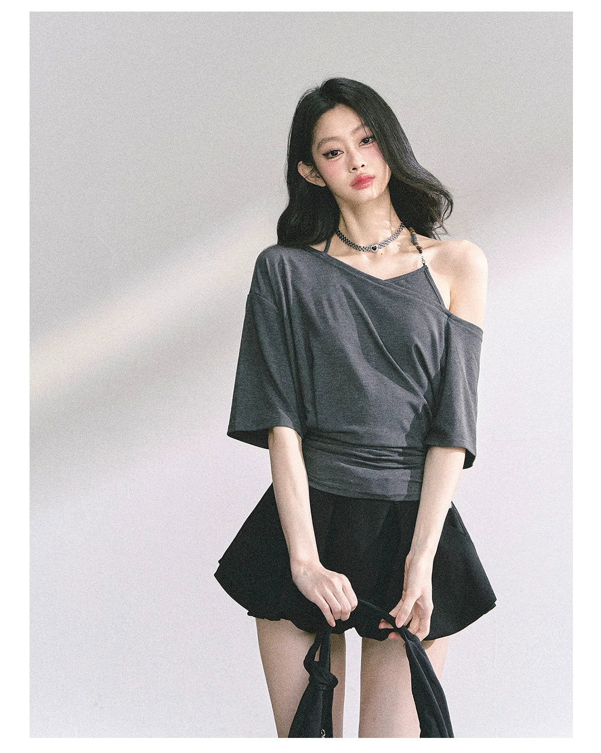 Asymmetric Short-Sleeve Halter Crop T-Shirt