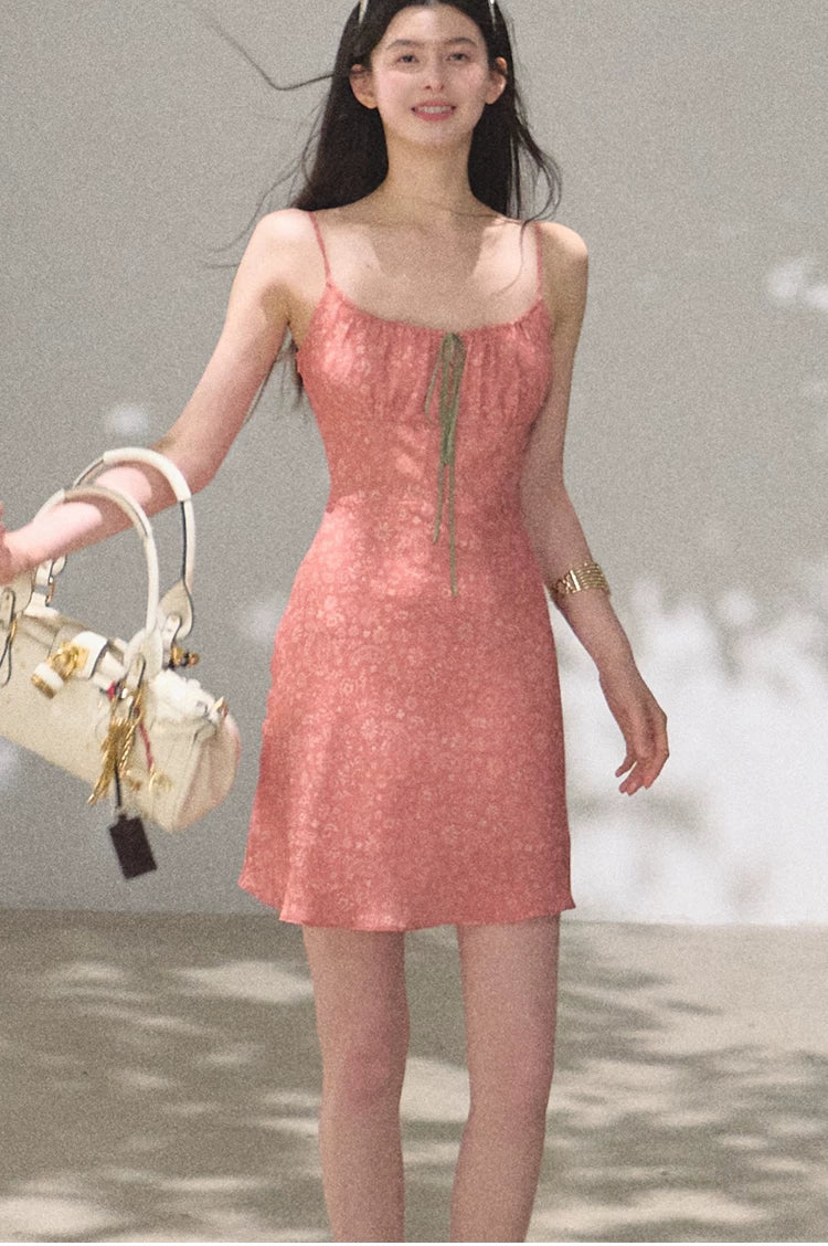 Bohemian Floral Print Waist-Cinched Sleeveless Slip Dress