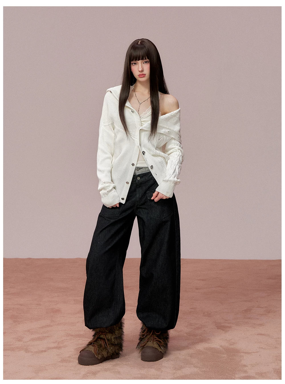 Oversized Collar Asymmetric Knit Sweater Jacket