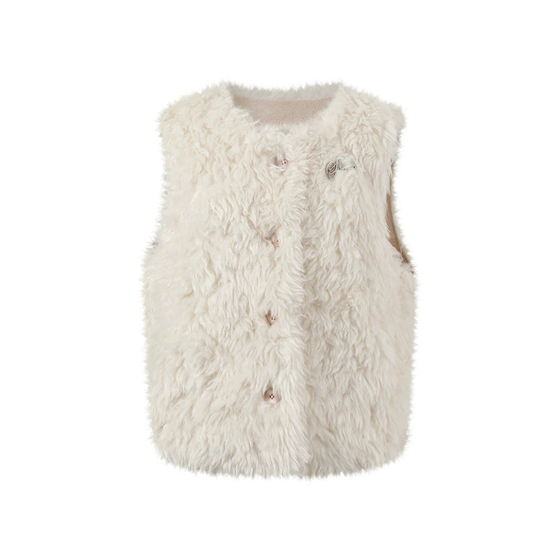 Curly Faux Shearling Brooch Vest - CHINASQUAD