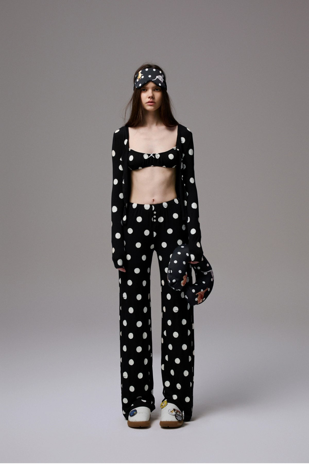 Polka Dot Contrast Knit Cardigan & Lounge Pants Set