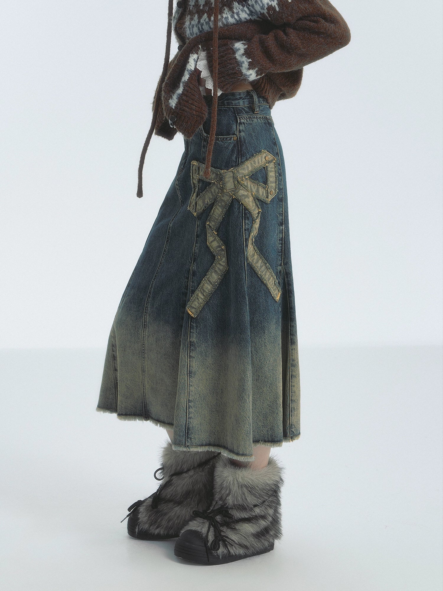 Gradient Frayed Bow Denim Skirt - CHINASQUAD