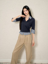 Faux Two-Piece Plaid Patchwork V-Neck Top - CHINASQUAD