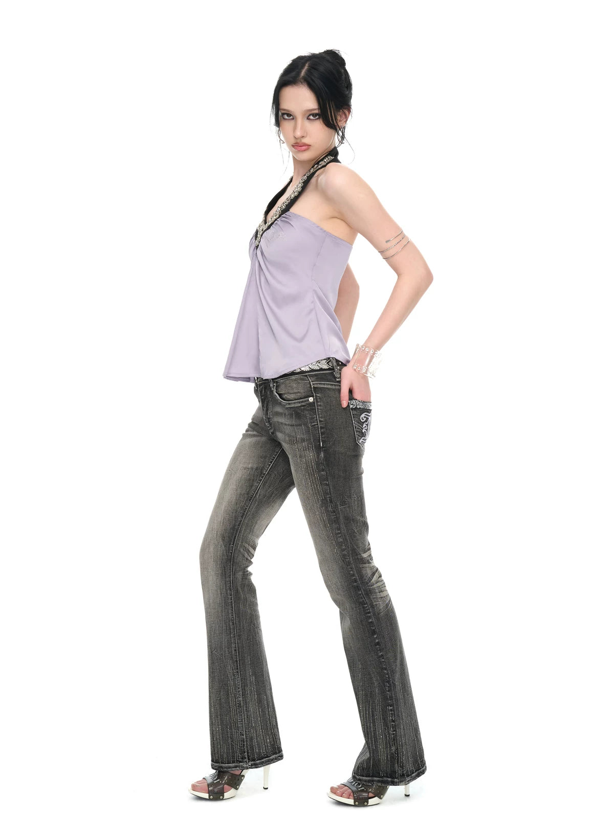 Lilac Satin Sequin Halter Neck Backless Draped Blouse