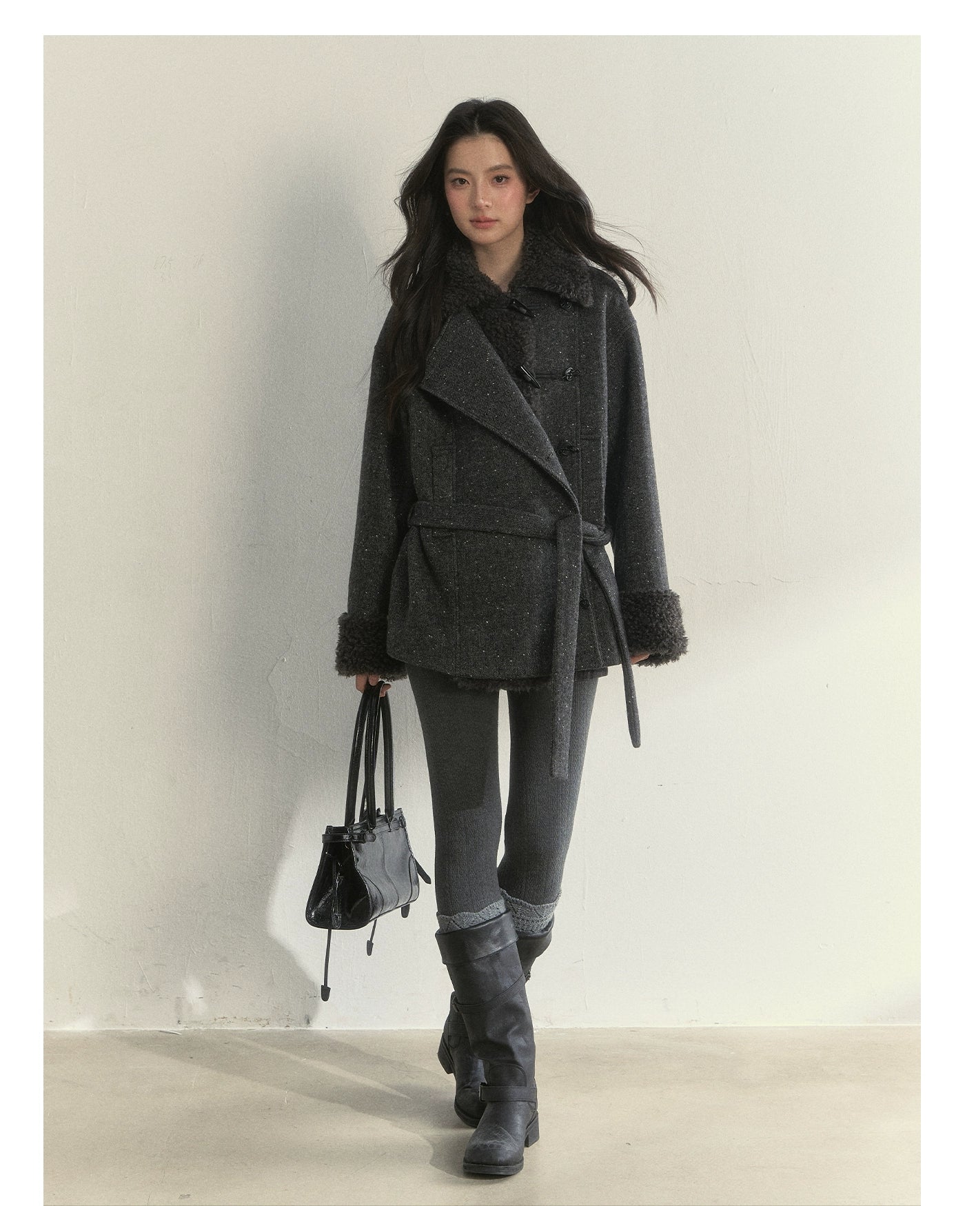 Deep Grey & Brown Wool Blend Fleece-Collar Coat