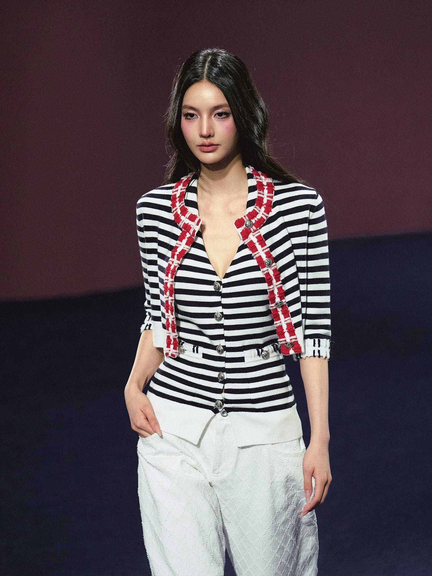 Contrast Stripe Halter Camisole Tank Top & Cardigan Set - CHINASQUAD
