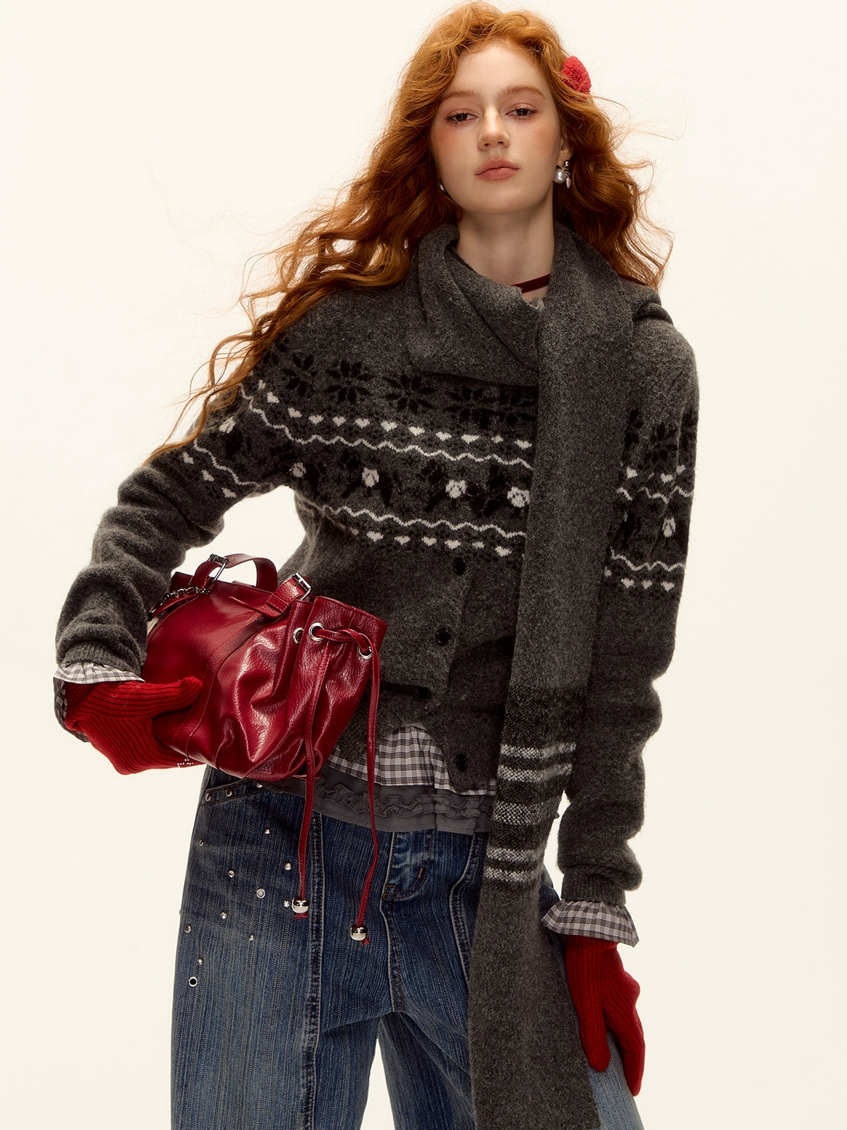 Fair Isle Wool-Blend Knit Cardigan & Scarf Set