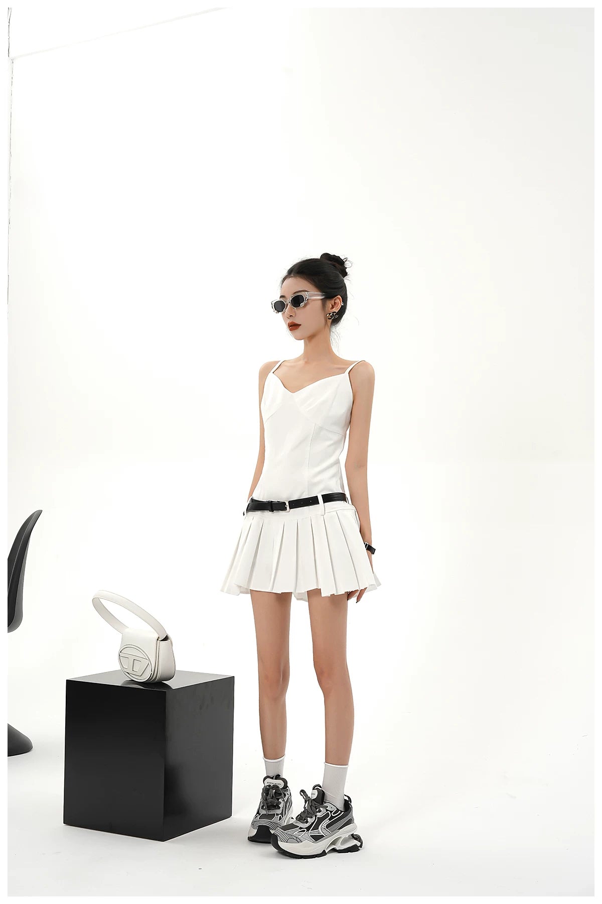 Asymmetric Zip-Back Pleated Camisole Dress